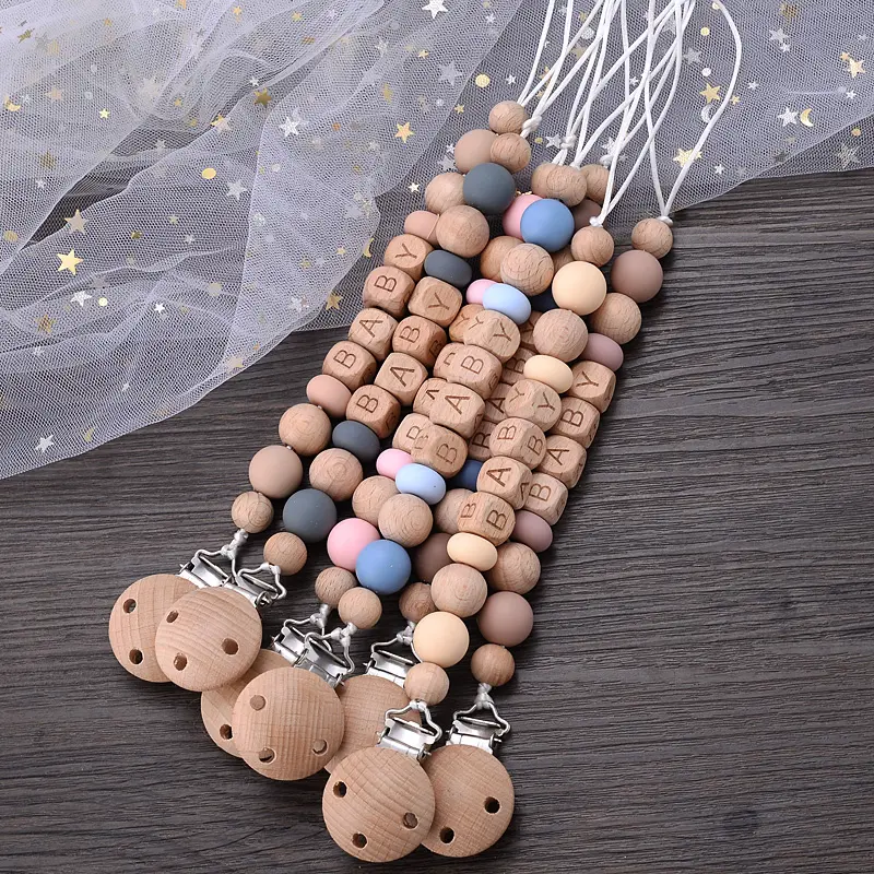 Baby Pacifier Clips Silicone Wooden Beech Beads Anti-Lost Pacifier Chain for Dummy Nipple Holder BPA Free not Personalized