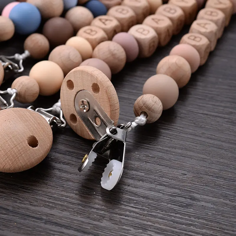 Baby Pacifier Clips Silicone Wooden Beech Beads Anti-Lost Pacifier Chain for Dummy Nipple Holder BPA Free not Personalized