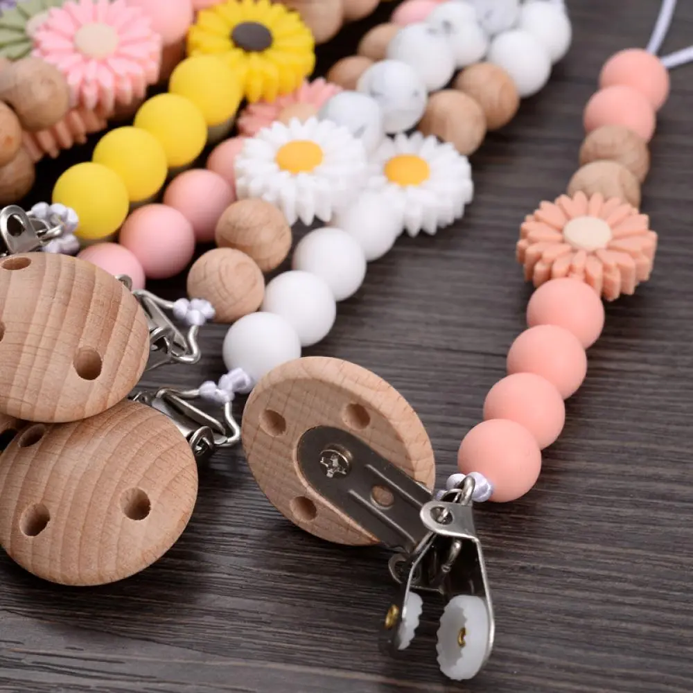 Silicone Beaded Soother Chain For Teether Nursing Toys Baby Pacifier Accessory Baby Wooden Dummy Holder Clip Handmade Flowers
