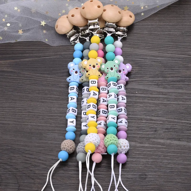 Baby Beech Teether Pacifier Clips Personalized Name Silicone Teether Geometric Crochet Beads Chain Pacifier Clips Nipple Clip