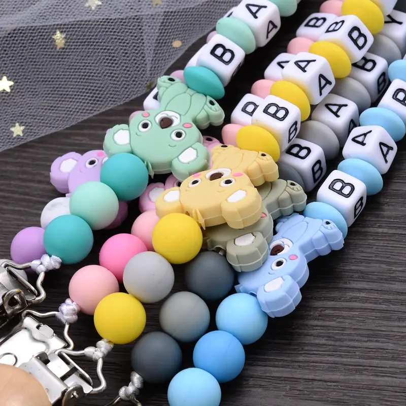 Baby Beech Teether Pacifier Clips Personalized Name Silicone Teether Geometric Crochet Beads Chain Pacifier Clips Nipple Clip