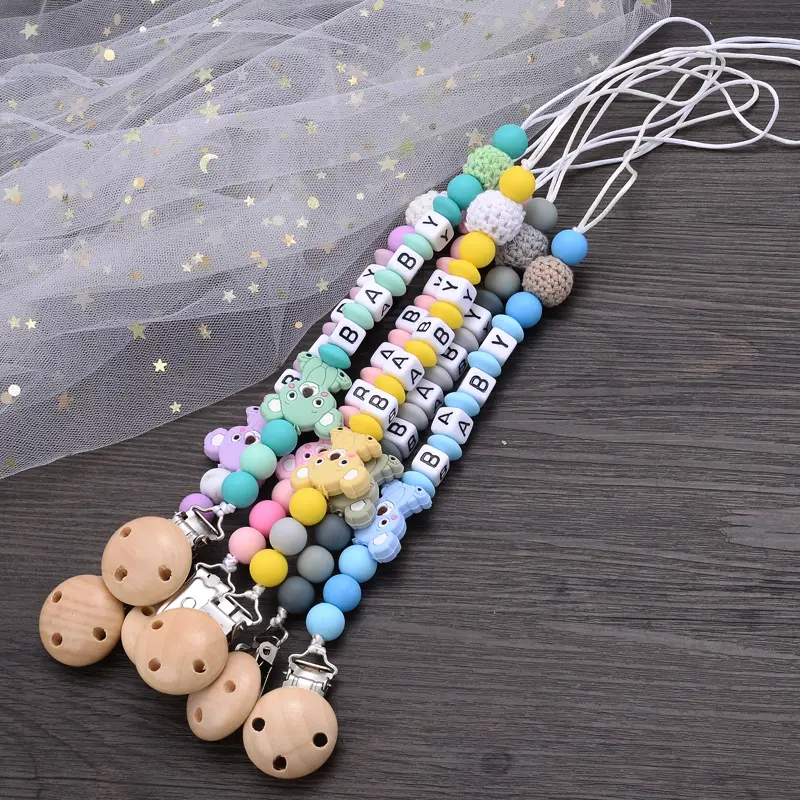 Baby Beech Teether Pacifier Clips Personalized Name Silicone Teether Geometric Crochet Beads Chain Pacifier Clips Nipple Clip