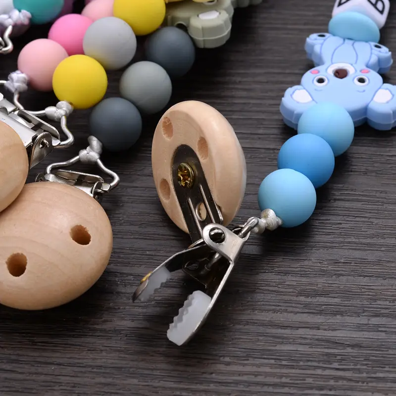 Baby Beech Teether Pacifier Clips Personalized Name Silicone Teether Geometric Crochet Beads Chain Pacifier Clips Nipple Clip