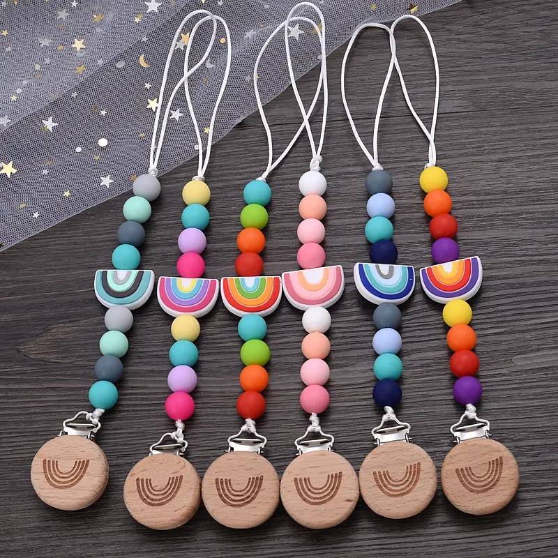 Beech Wooden Baby Pacifier Clip Handmade Cartoon Rainbow Silicone Teething Beads Infant Nipple Chain Nursing Toy Chew Gift