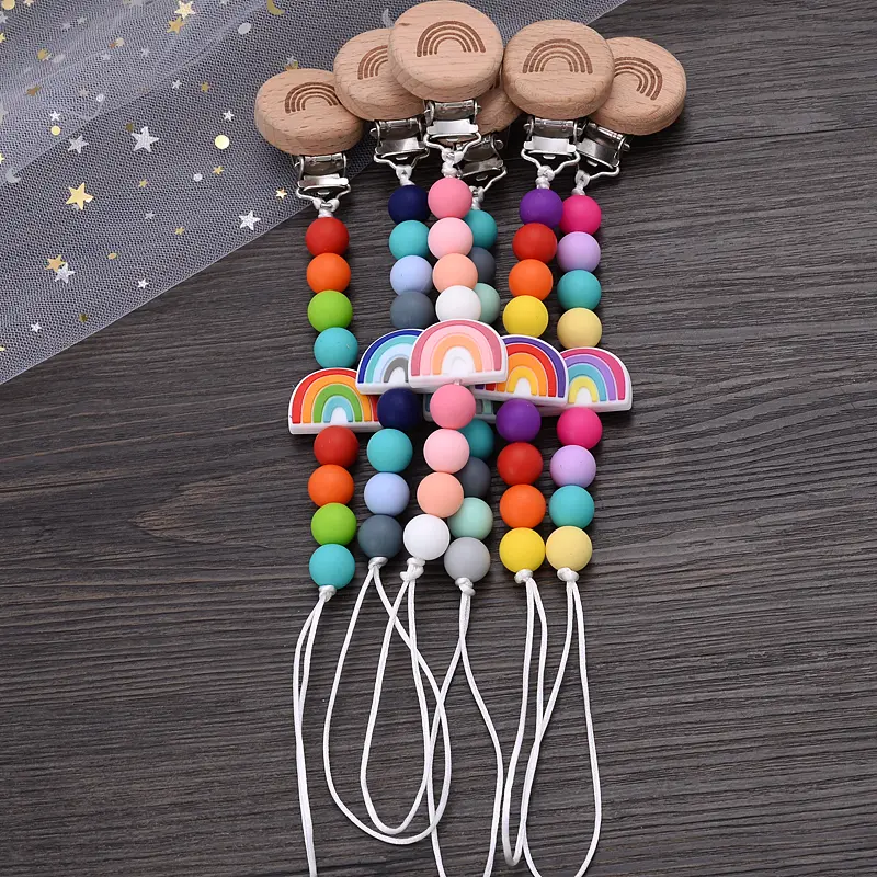 Beech Wooden Baby Pacifier Clip Handmade Cartoon Rainbow Silicone Teething Beads Infant Nipple Chain Nursing Toy Chew Gift