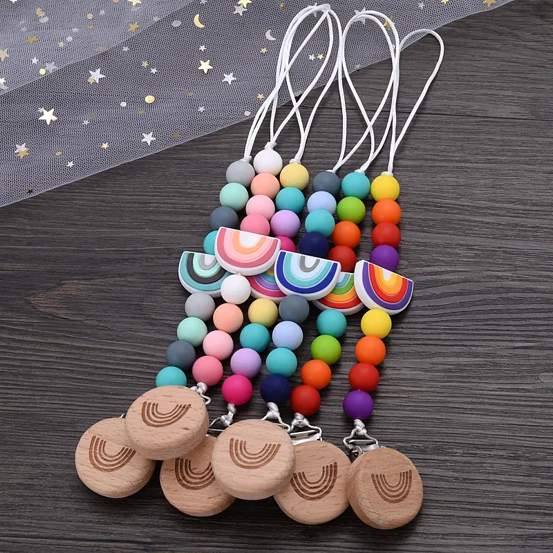 Beech Wooden Baby Pacifier Clip Handmade Cartoon Rainbow Silicone Teething Beads Infant Nipple Chain Nursing Toy Chew Gift