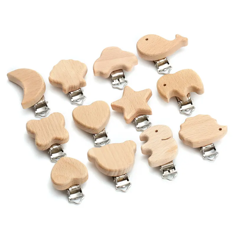 5Pcs Wooden Pacifier Clip Beech Wooden Animal Natural Dummy Clip DIY Baby Pacifier Chain Teether Toys Accessories BPA Free