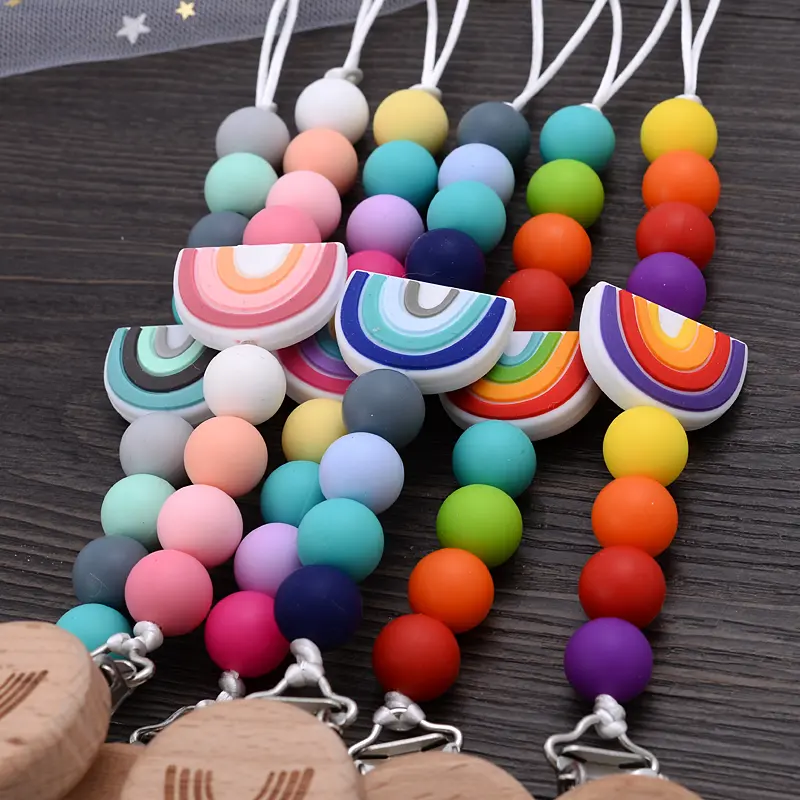 Beech Wooden Baby Pacifier Clip Handmade Cartoon Rainbow Silicone Teething Beads Infant Nipple Chain Nursing Toy Chew Gift