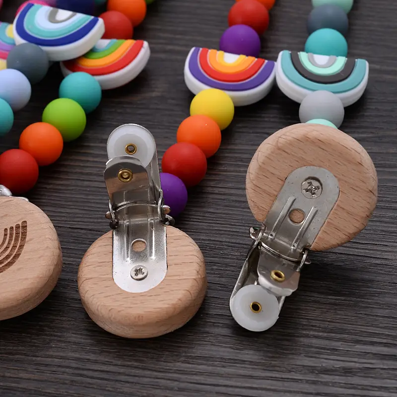 Beech Wooden Baby Pacifier Clip Handmade Cartoon Rainbow Silicone Teething Beads Infant Nipple Chain Nursing Toy Chew Gift