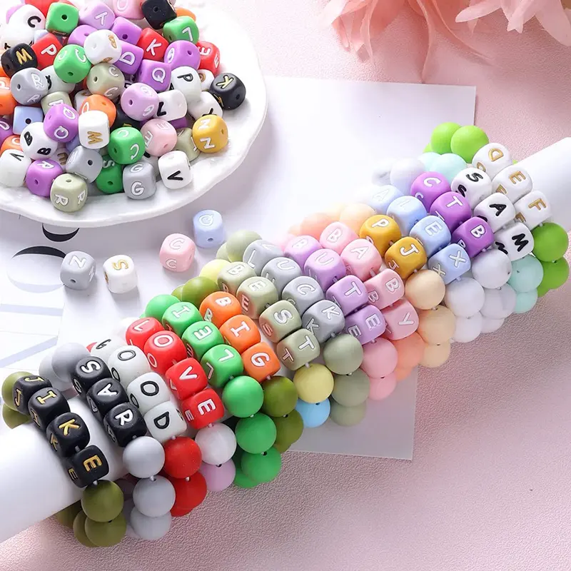 52Pcs 12mm Baby Silicone Letters Beads Pacifier Letters Alphabet Beads Chew Teething Teethers Nursing Shower Gifts BPA Free