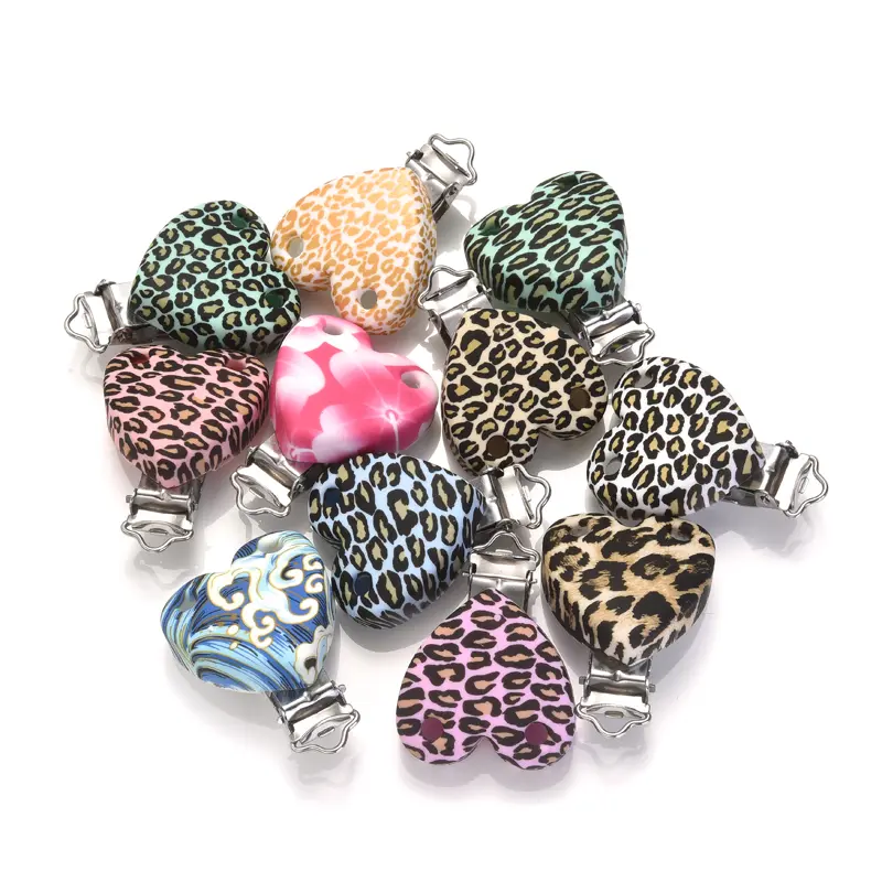 3Pcs 38x50mm Leopard Heart Shape Silicone Pacifier Clip DIY Baby Teething Teether Necklace Bead Tool Care Gift Accessories