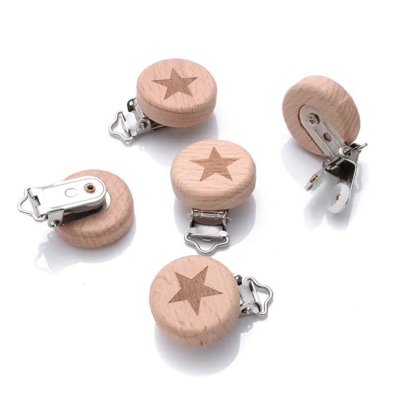 5Pcs Beech Round Pacifier Clips Flower Heart Animal Rainbow Pattern Wood Pacifier Dummy Chain Holder Baby Nursing Chew Accesory