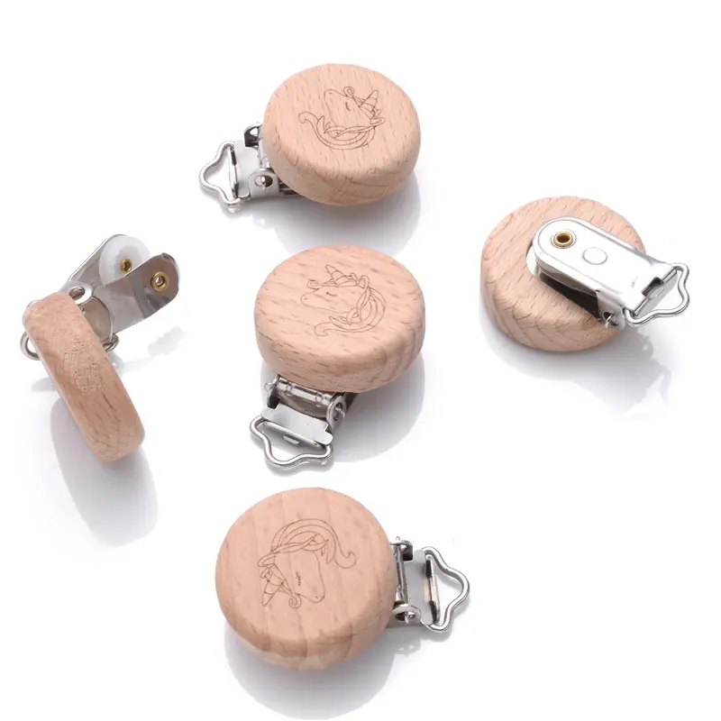 5Pcs Beech Round Pacifier Clips Flower Heart Animal Rainbow Pattern Wood Pacifier Dummy Chain Holder Baby Nursing Chew Accesory