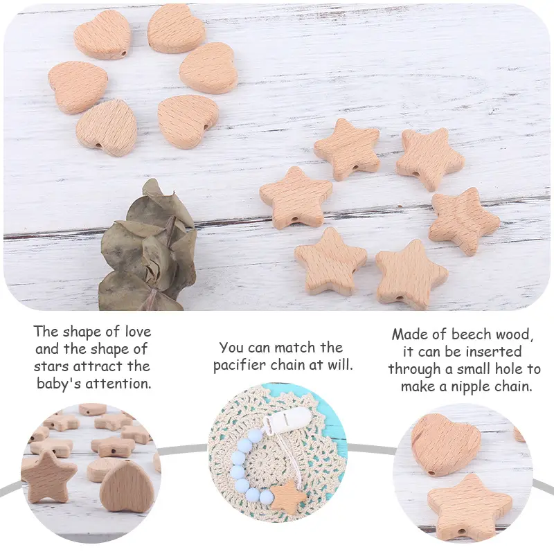 5/10Pcs Beech Wooden Beads Heart Star Shape Loose Beads Baby  Teether ChewableTeething Bead for Handmade Pacifier Chain