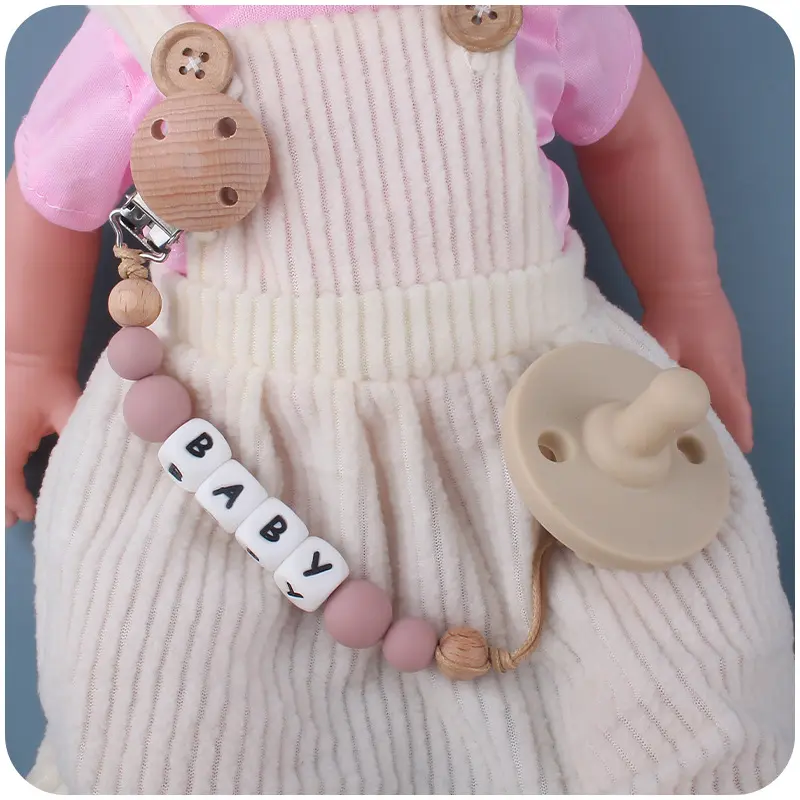New Personalized Name Baby Pacifier Clip Chain Silicone Beads Beech Beads Handmade DIY Teething Dummy Holder Baby Teething Toy