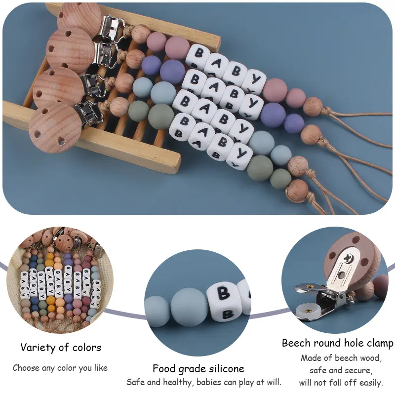 New Personalized Name Baby Pacifier Clip Chain Silicone Beads Beech Beads Handmade DIY Teething Dummy Holder Baby Teething Toy