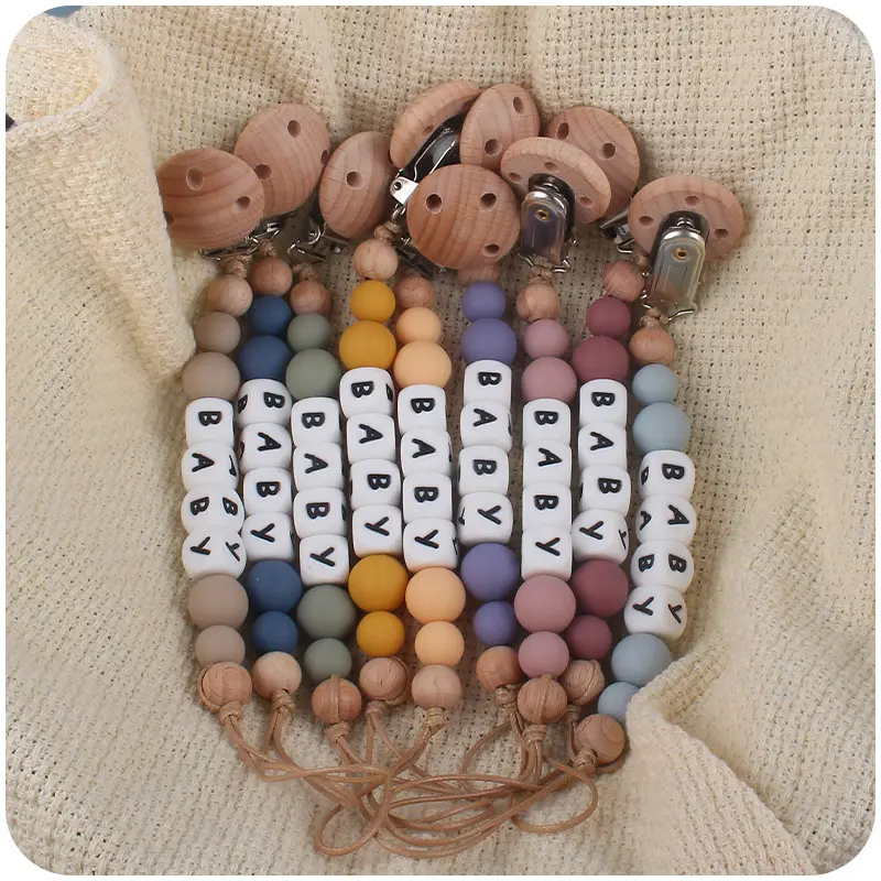 New Personalized Name Baby Pacifier Clip Chain Silicone Beads Beech Beads Handmade DIY Teething Dummy Holder Baby Teething Toy