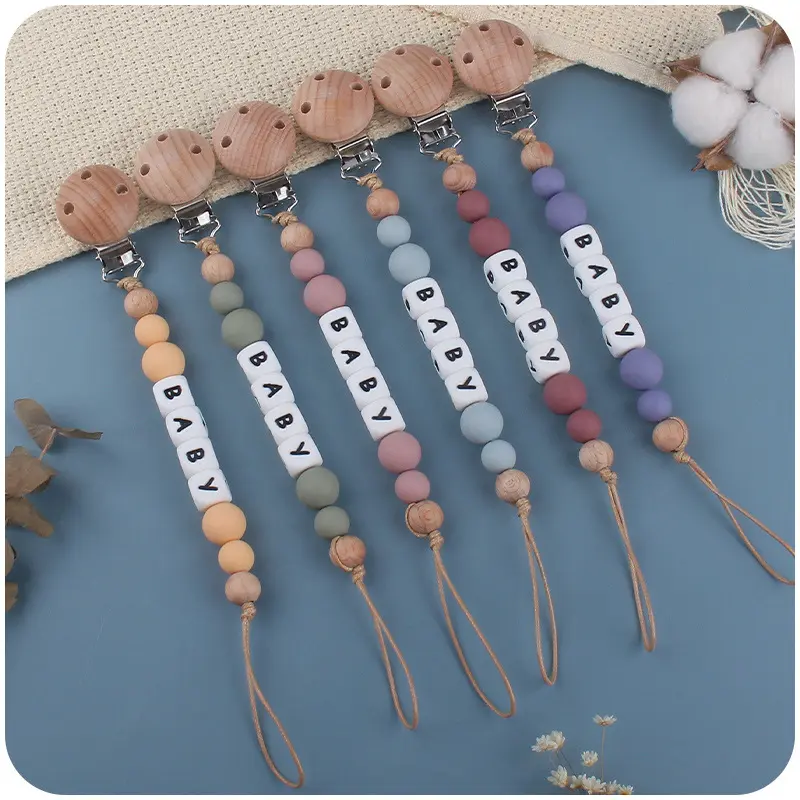 New Personalized Name Baby Pacifier Clip Chain Silicone Beads Beech Beads Handmade DIY Teething Dummy Holder Baby Teething Toy