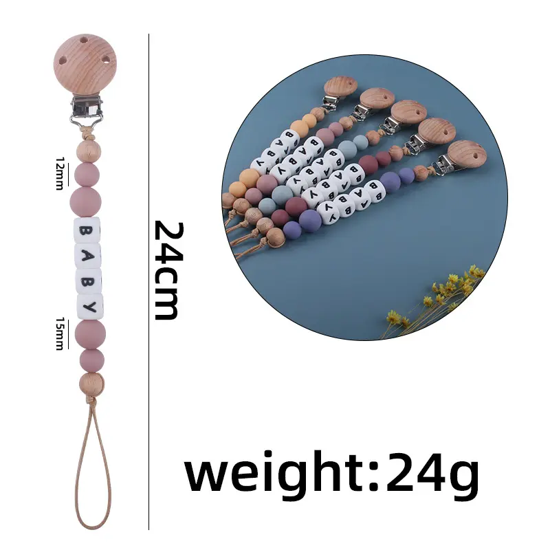 New Personalized Name Baby Pacifier Clip Chain Silicone Beads Beech Beads Handmade DIY Teething Dummy Holder Baby Teething Toy