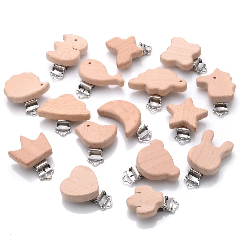 1Pcs Cute Animal Style Wood Natural Pacifier Chain Anti-Drop Beech Wood Dummy Clip DIY Essential Nipple Chain Accessories
