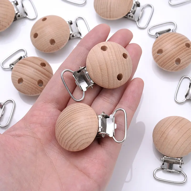 10Pcs 30mm Round Wood Pacifier Clip Food Grade Baby Teether Chew Toys Natural Beech Wooden Pacifier Chain Dummy Holder Clips