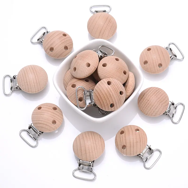 10Pcs 30mm Round Wood Pacifier Clip Food Grade Baby Teether Chew Toys Natural Beech Wooden Pacifier Chain Dummy Holder Clips