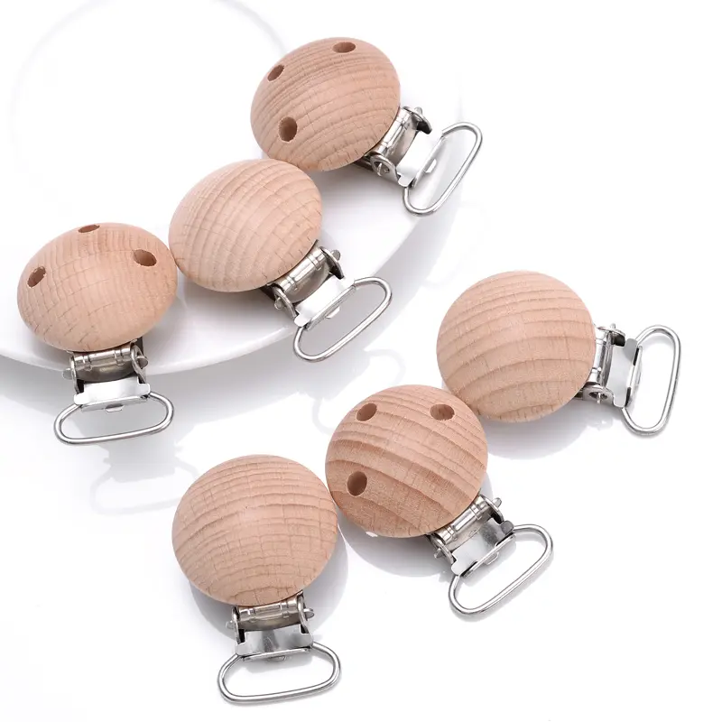 10Pcs 30mm Round Wood Pacifier Clip Food Grade Baby Teether Chew Toys Natural Beech Wooden Pacifier Chain Dummy Holder Clips
