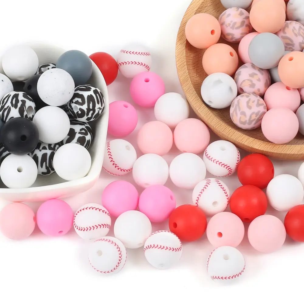 15mm 30Pcs Silicone Beads Round Print Food Grade Teething Beads for Baby Toy Soft Chew Teething DIY Pacifier Clips Necklace