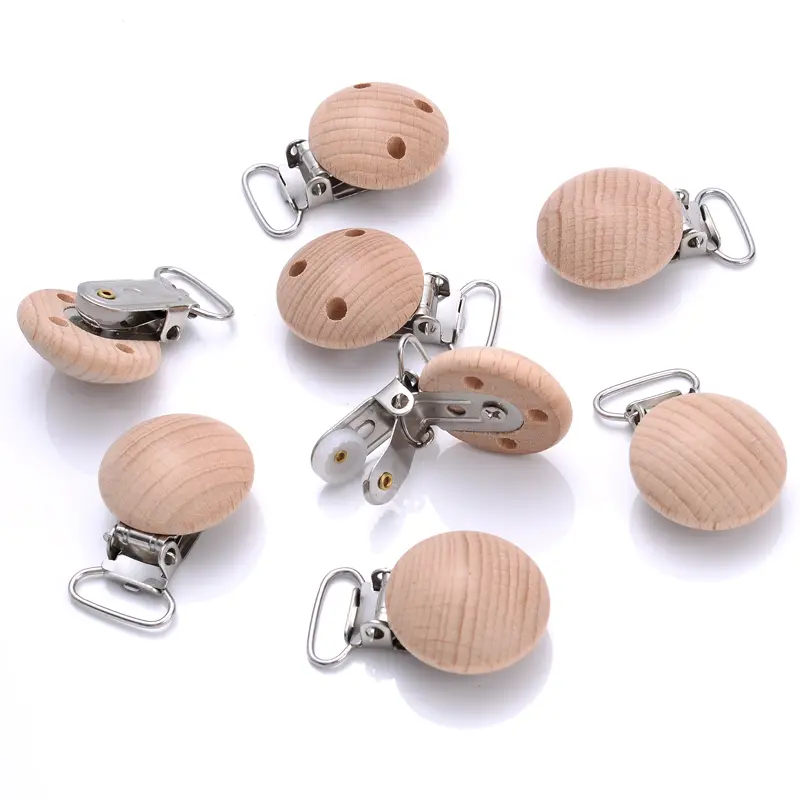 10Pcs 30mm Round Wood Pacifier Clip Food Grade Baby Teether Chew Toys Natural Beech Wooden Pacifier Chain Dummy Holder Clips