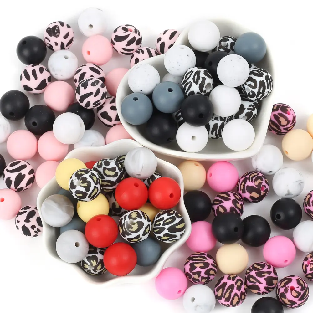 15mm 30Pcs Silicone Beads Round Print Food Grade Teething Beads for Baby Toy Soft Chew Teething DIY Pacifier Clips Necklace