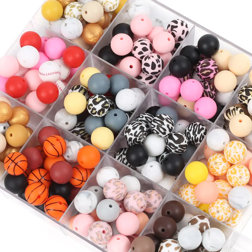 15mm 30Pcs Silicone Beads Round Print Food Grade Teething Beads for Baby Toy Soft Chew Teething DIY Pacifier Clips Necklace