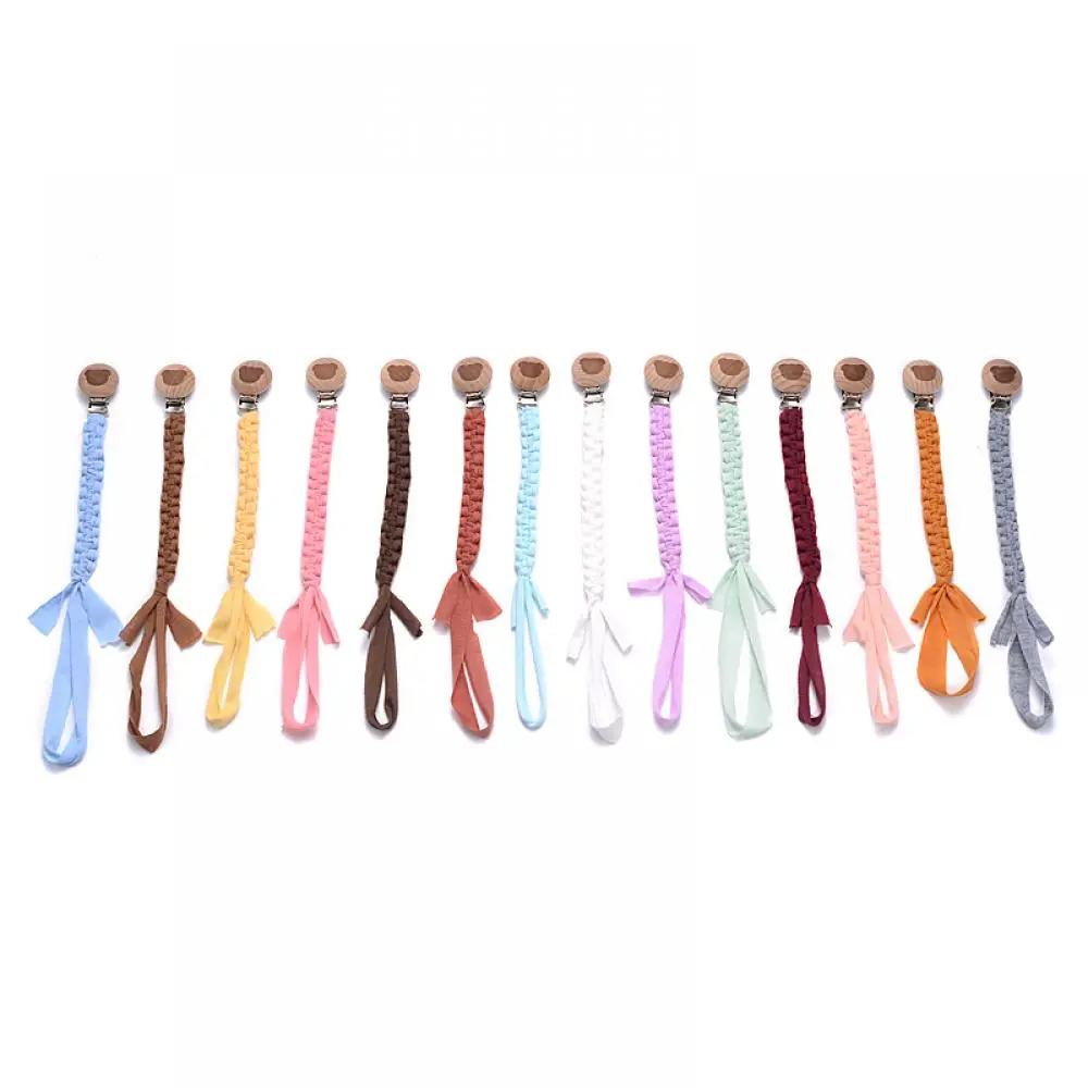 Wooden Round Baby Nipple Clip Handmade Weave Cotton Anti-Drop Baby Pacifier Chain For Nursing Chewing Toys Boy Girl Shower Gifts