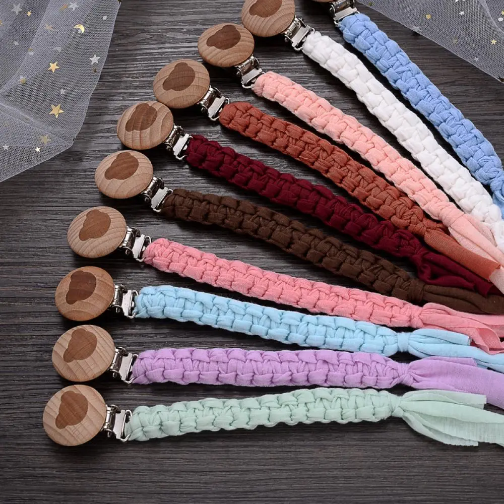 Wooden Round Baby Nipple Clip Handmade Weave Cotton Anti-Drop Baby Pacifier Chain For Nursing Chewing Toys Boy Girl Shower Gifts
