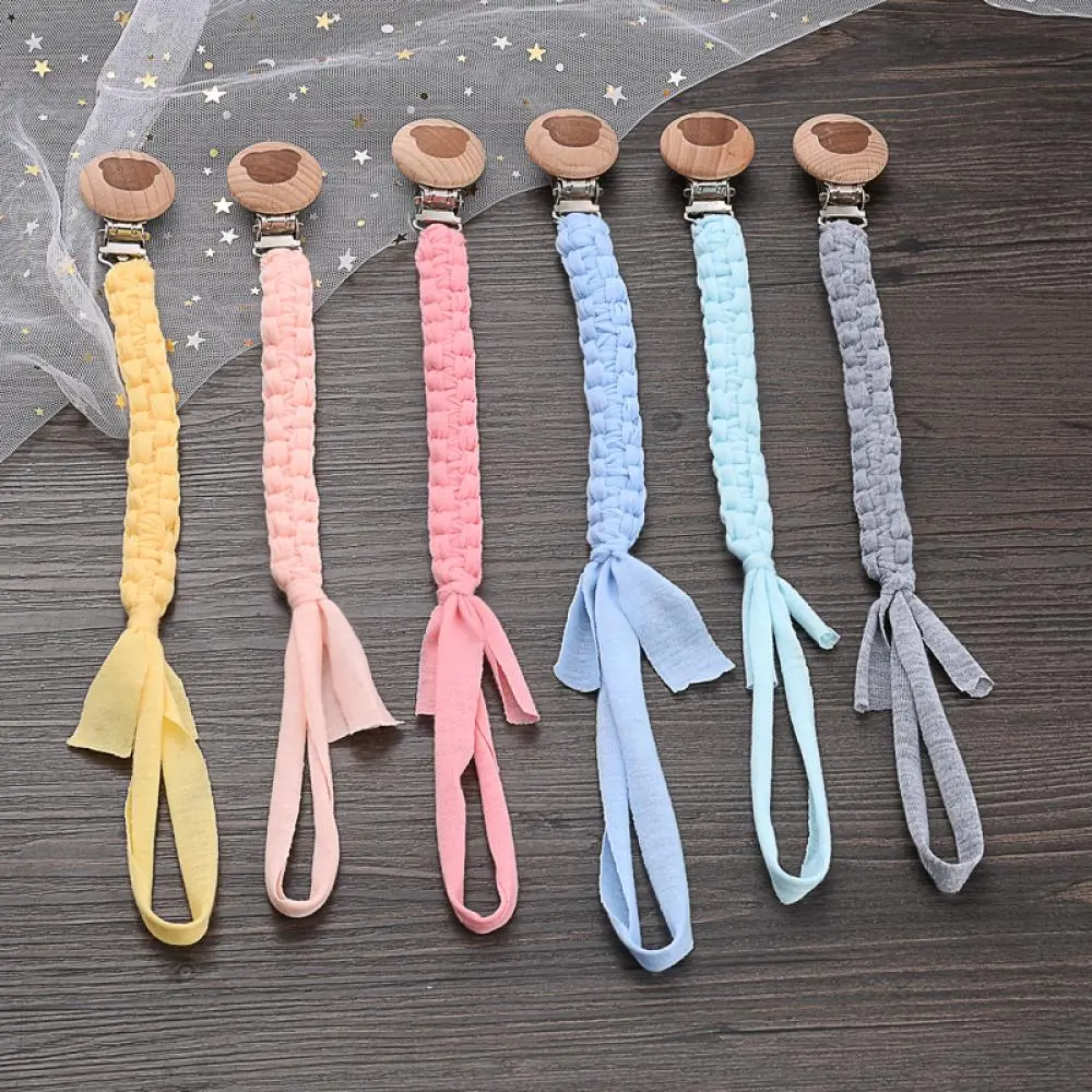 Wooden Round Baby Nipple Clip Handmade Weave Cotton Anti-Drop Baby Pacifier Chain For Nursing Chewing Toys Boy Girl Shower Gifts