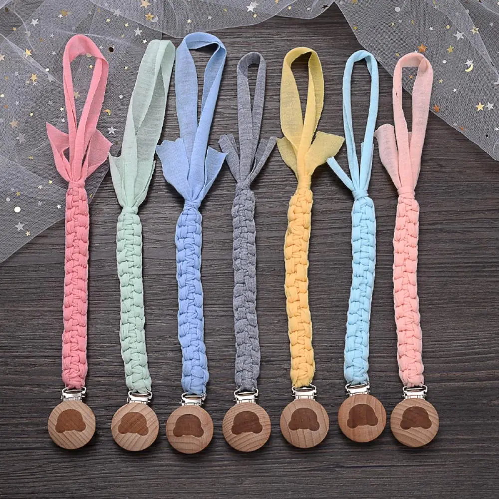 Wooden Round Baby Nipple Clip Handmade Weave Cotton Anti-Drop Baby Pacifier Chain For Nursing Chewing Toys Boy Girl Shower Gifts