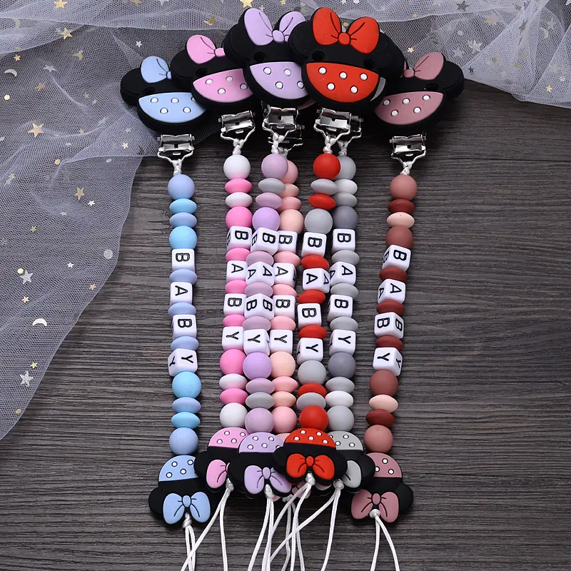 Customized Name Silicone Beads Baby Pacifier Chain Cartoon Dummy Nipple Holder Boy Girl Teether Teething Chain Nursing Chew Gift