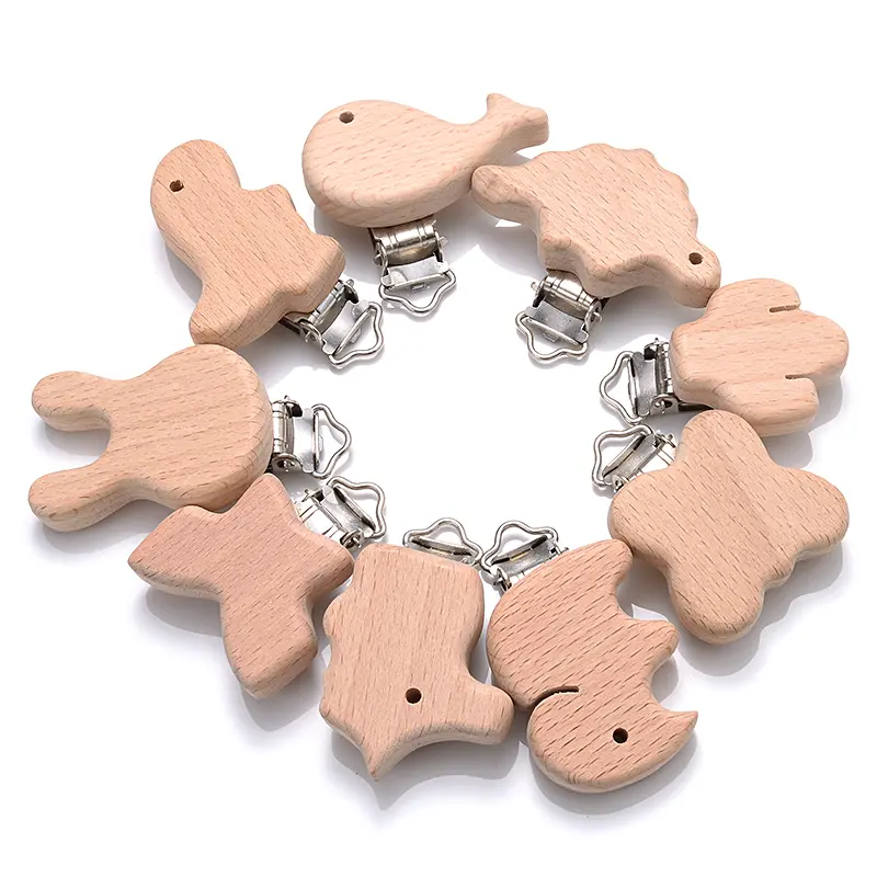 5Pcs/Lot 9 Style Fish Rabbit Butterfly Shape Beech Wooden Clips Metal Bracket for Baby Pacifier Clips Chain Holder Accessories