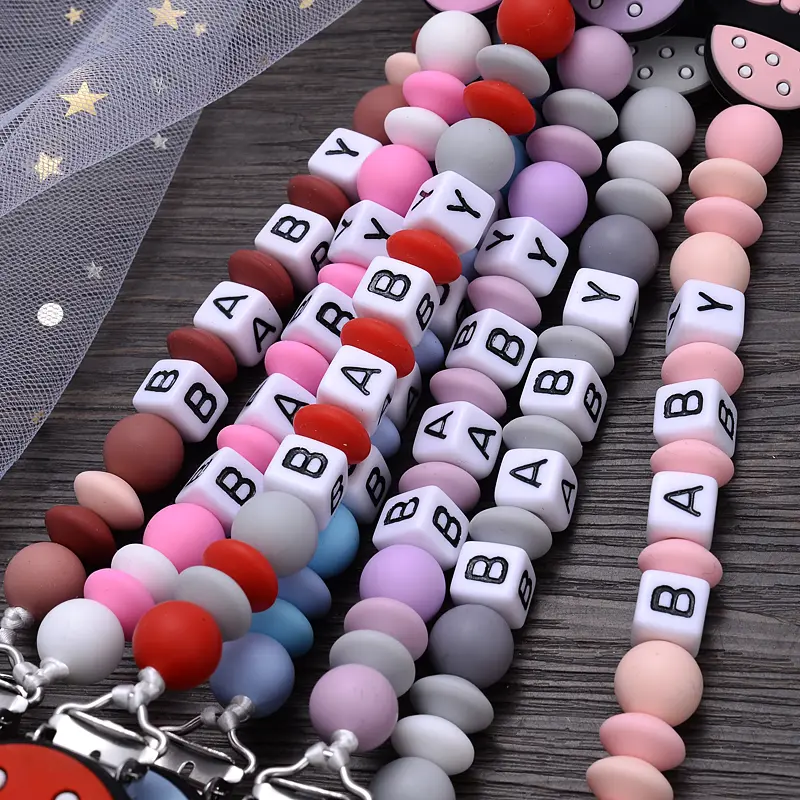 Customized Name Silicone Beads Baby Pacifier Chain Cartoon Dummy Nipple Holder Boy Girl Teether Teething Chain Nursing Chew Gift