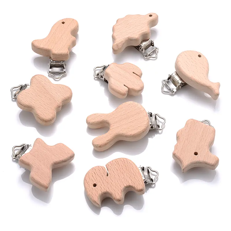 5Pcs/Lot 9 Style Fish Rabbit Butterfly Shape Beech Wooden Clips Metal Bracket for Baby Pacifier Clips Chain Holder Accessories