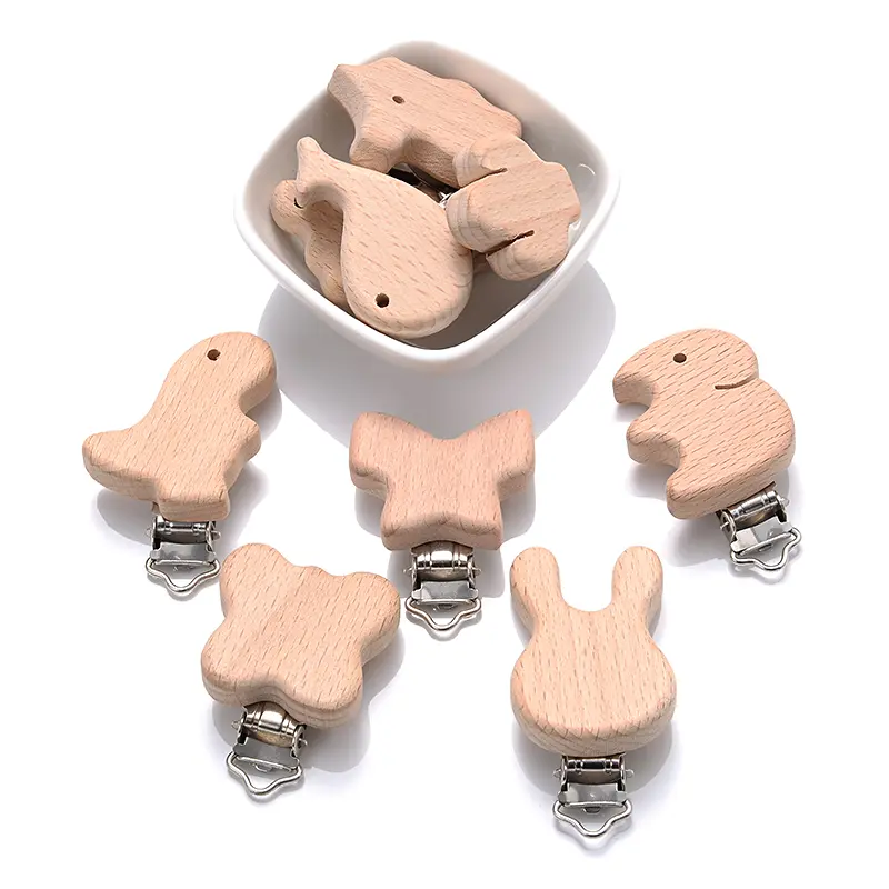 5Pcs/Lot 9 Style Fish Rabbit Butterfly Shape Beech Wooden Clips Metal Bracket for Baby Pacifier Clips Chain Holder Accessories