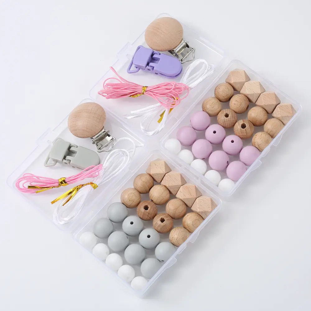 New Baby Pacifier Chain Clips Accessories Set for DIY Nipple Holder Silicone Beads Wooden Clips Teether  Chew Toy