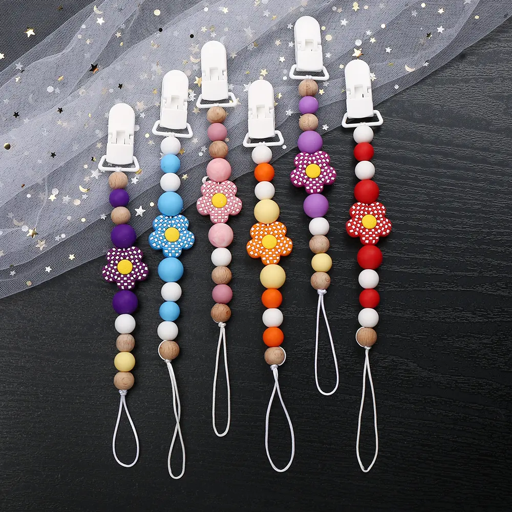 New Baby Pacifier Clips Silicone Flower Beads Baby Pacifier Chain Teether Teething Toys Dummy Clip Holder Chain Clip Baby Gifts