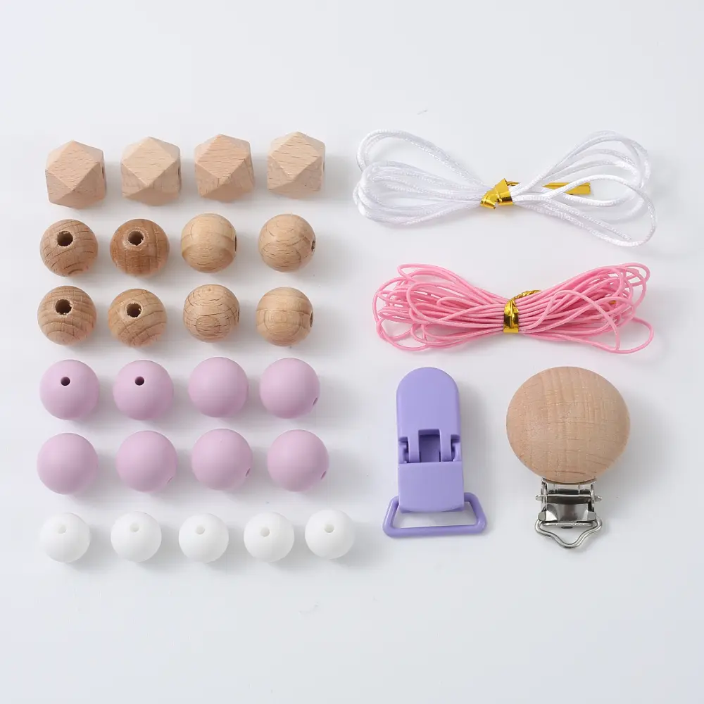 New Baby Pacifier Chain Clips Accessories Set for DIY Nipple Holder Silicone Beads Wooden Clips Teether  Chew Toy