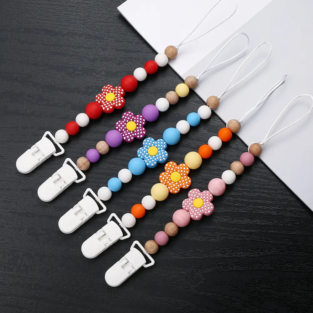 New Baby Pacifier Clips Silicone Flower Beads Baby Pacifier Chain Teether Teething Toys Dummy Clip Holder Chain Clip Baby Gifts