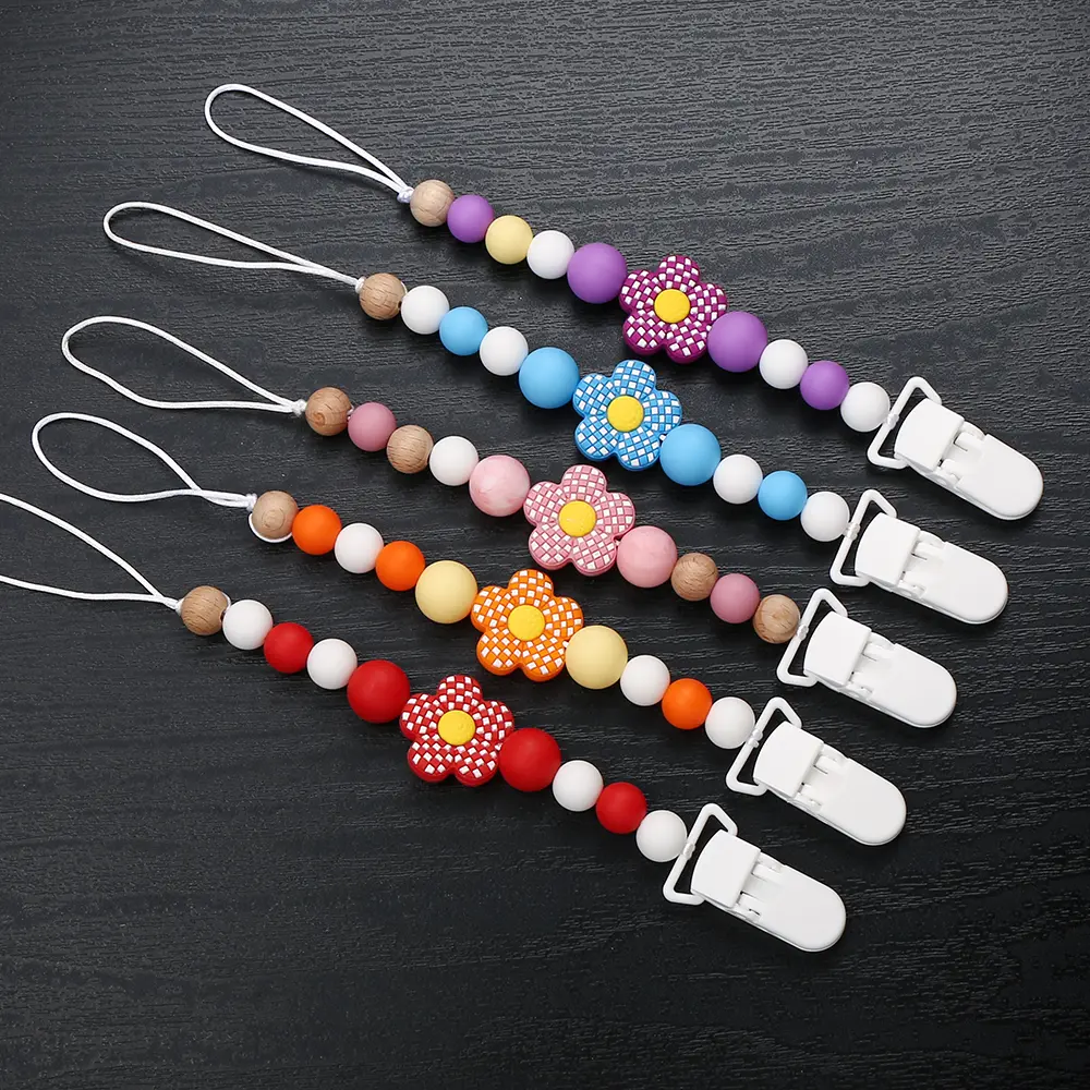 New Baby Pacifier Clips Silicone Flower Beads Baby Pacifier Chain Teether Teething Toys Dummy Clip Holder Chain Clip Baby Gifts