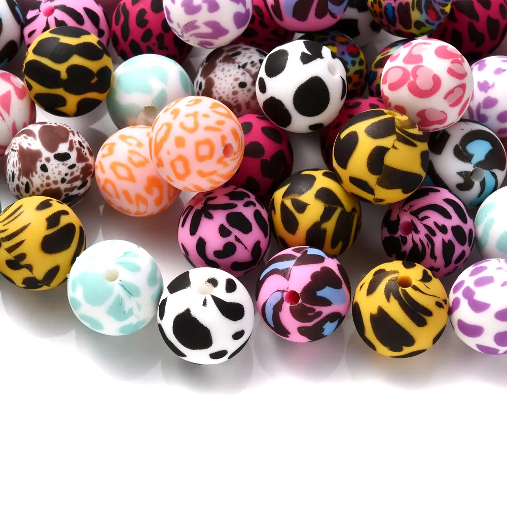 15mm 10Pcs Printed Silicone Beads Chewing Bead DIY Charms Newborn Nursing Accessories Necklace Pacifier Chain Teething Toy