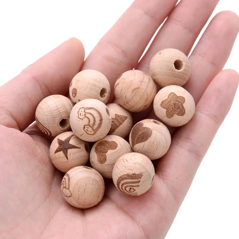 50Pcs Beech Wooden Beads 16mm Two-sided Printed Rainbow Animal Pattern Round Teether Beads for Pacifier Chain Teething Necklace
