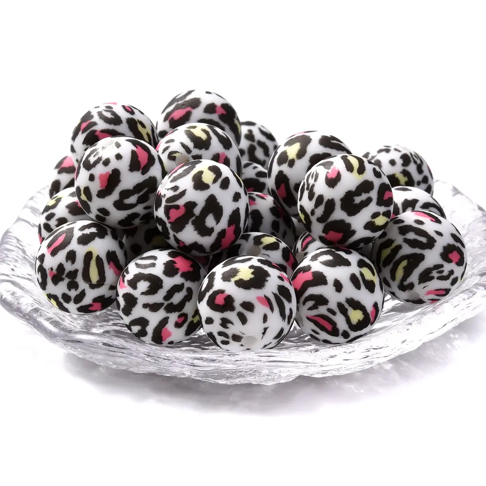15mm 10Pcs Printed Silicone Beads Chewing Bead DIY Charms Newborn Nursing Accessories Necklace Pacifier Chain Teething Toy