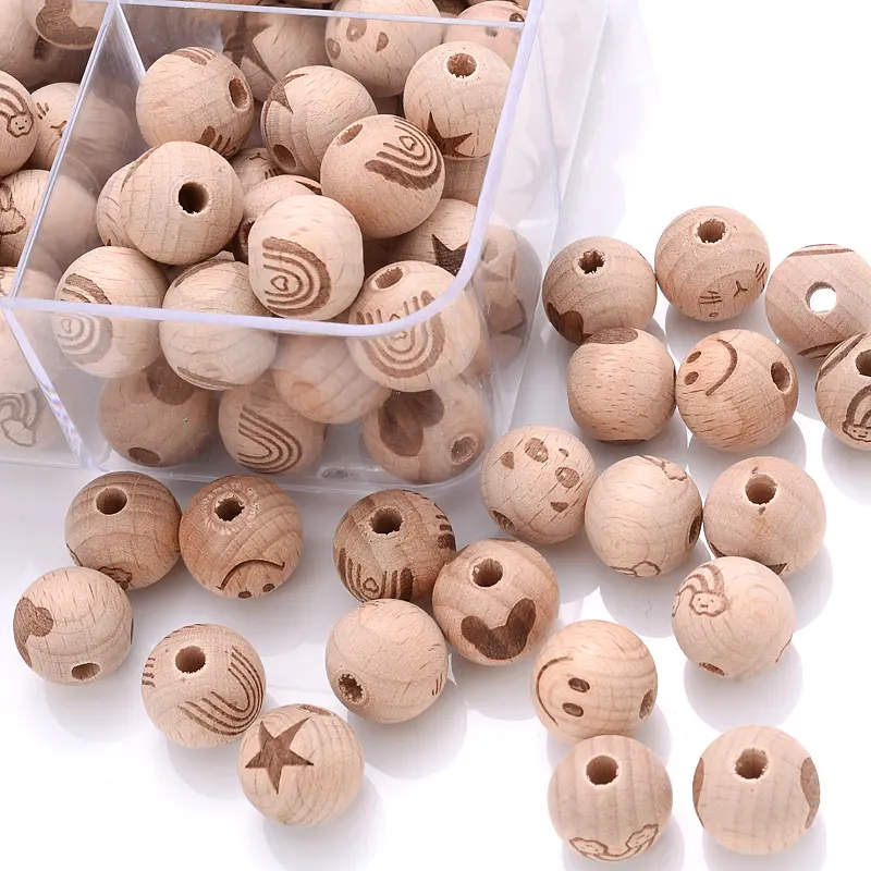 50Pcs Beech Wooden Beads 16mm Two-sided Printed Rainbow Animal Pattern Round Teether Beads for Pacifier Chain Teething Necklace