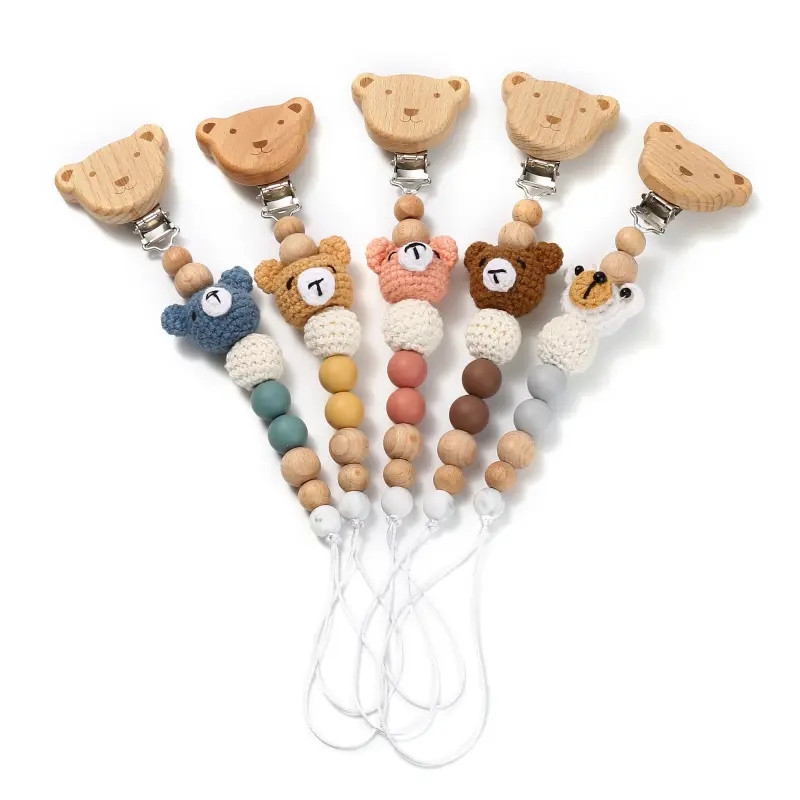 Baby Beech Wood Pacifier Clip Cartoon Animal Crochet Beads Silicone Nipple Chain For Teether Nursing Toys Baby Pacifier Chain